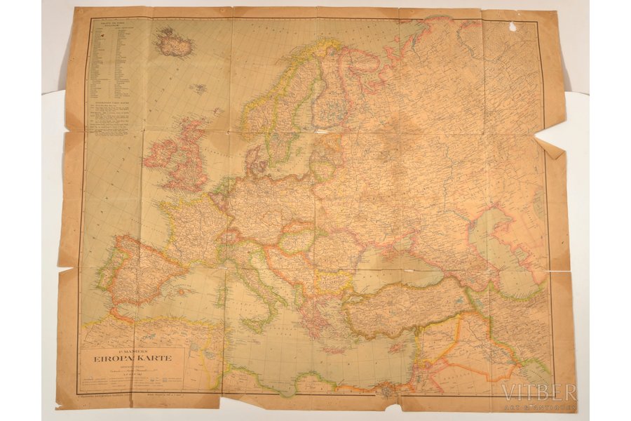 map, Europe, published by P. Mantnieks, Latvia, ~1940, 84 x 103 cm, torn on edges, stains