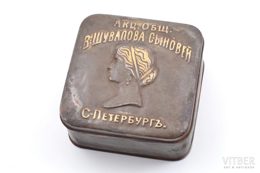 kastīte, "V. Šuvapova dēlu akciju sabiedrība", Sanktpēterburga, metāls, Krievijas impērija, 5.5 x 11.2 x 11.1 cm