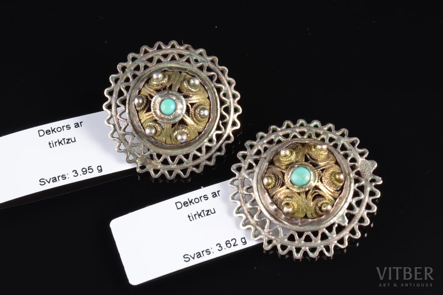 buttons, 2 pcs., silver, 84 standard, 7.57 (3.62 + 3.95) g., the item's dimensions Ø 2.3 / 2.4 cm, turquoise, 1896-1907, Russia