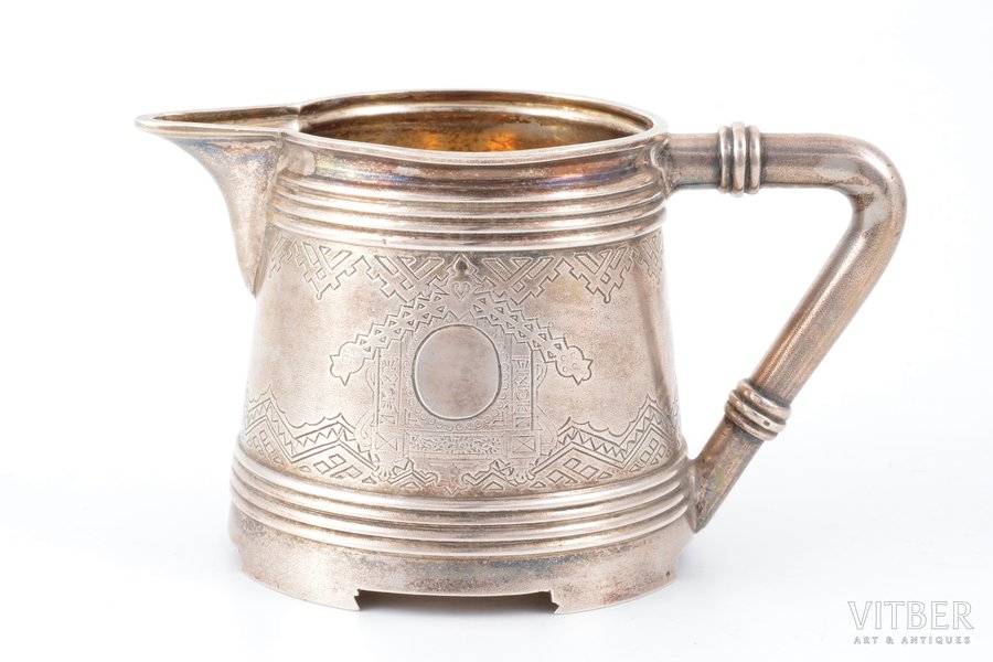 cream jug, silver, 84 standard, 190.25 g, engraving, gilding, h 7.3 cm, 1878, Moscow, Russia