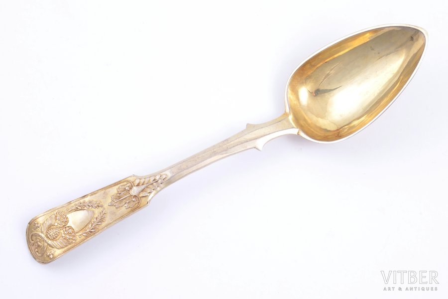 spoon, silver, 84 standard, 38.60 g, gilding, 17.6 cm, 1837, St. Petersburg, Russia