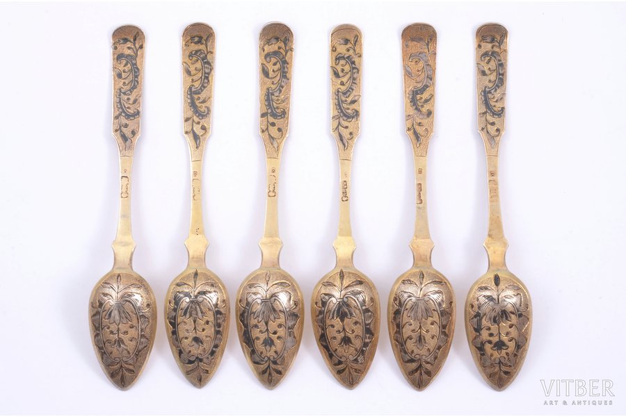 set of 6 teaspoons, silver, 84 standard, total weight of items 152.40, niello enamel, gilding, 14.4 cm, 1821-1856, Moscow, Russia