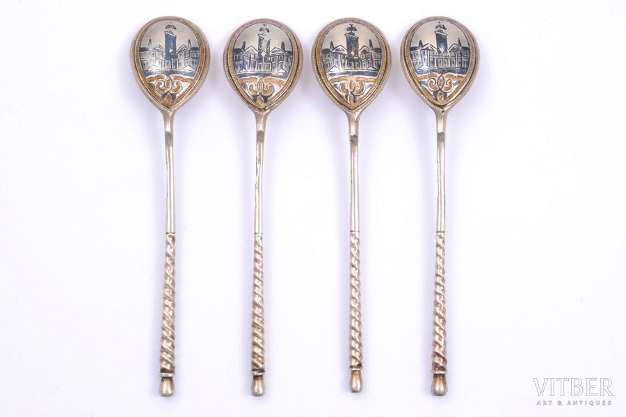 set of 4 coffee spoons, silver, 84 standart, niello enamel, 1883, total weight of items 45.80g, workshop of Vasily Dmitriev, Moscow, Russia, 10.8 cm