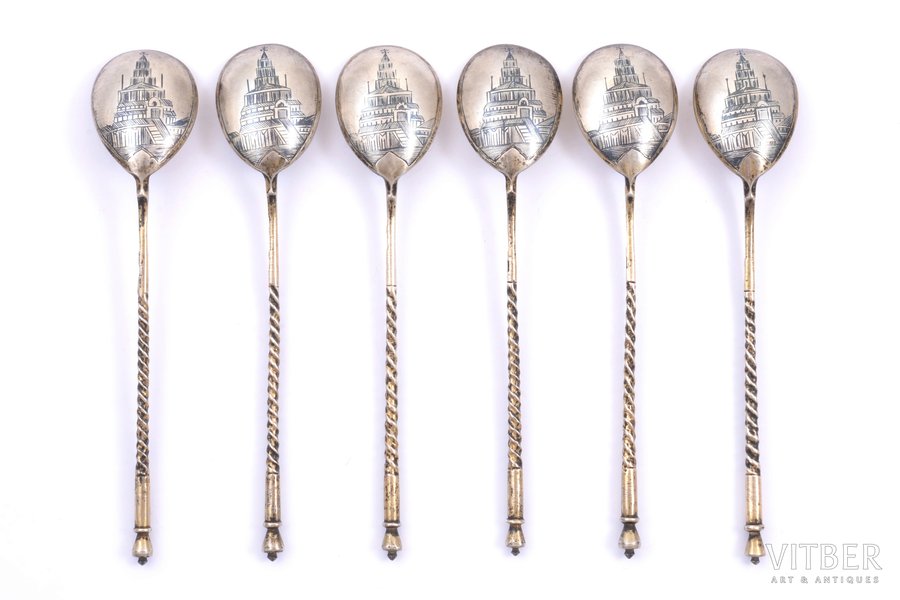 set of 6 teaspoons, silver, 84 standard, total weight of items 88.40, niello enamel, 13.3 cm, workshop of Yashin Ivan Kuzmich, 1890, Moscow, Russia