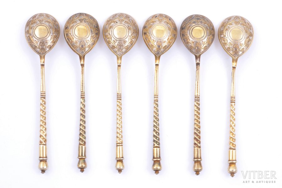set of 6 coffee spoons, silver, 84 standard, total weight of items 77.50, engraving, gilding, 9.5 cm, Alexeyev Ivan, 1884, Moscow, Russia