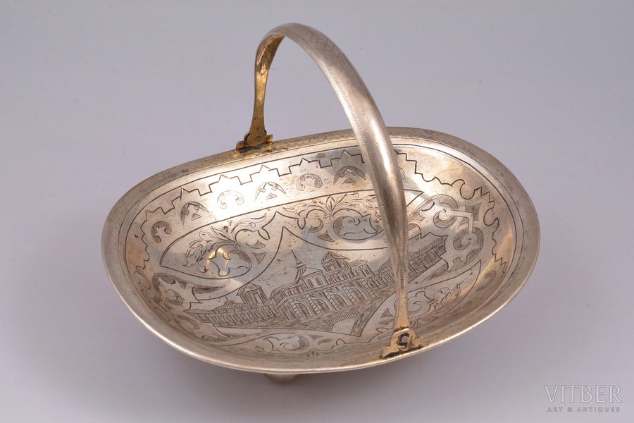 candy-bowl, silver, 84 standard, 228 g, engraving, 18.7 x 14.4 cm, h (with handle) 14 cm, 1882, Moscow, Russia