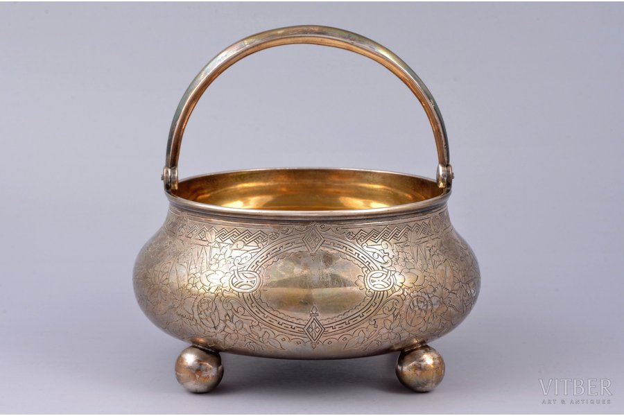 sugar-bowl, silver, 84 standart, engraving, gilding, 1890, 307.10 g, Nikolay Kemper's workshop(?), St. Petersburg, Russia, Ø 14.3 cm, h (with handle) 14 cm