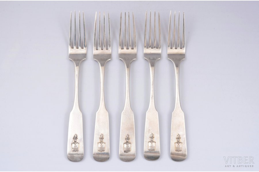 set of 5 forks with coat of arms, silver, 84 standart, 1864, total weight of items 367.50g, Minsk, Russia, 21.9 cm
