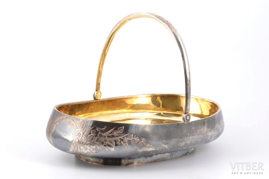 biscuit tray, silver, 84 standard, 565.65 g, engraving, gilding, 26 x 17 cm, h (with handle) 18.3 cm, 1893, Moscow, Russia