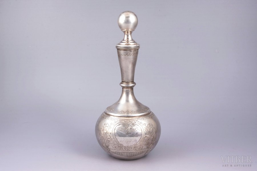 carafe, silver, 84 standard, 341.35 g, engraving, h (with stopper) 24 cm, P. Milyukov workshop, 1893, Moscow, Russia