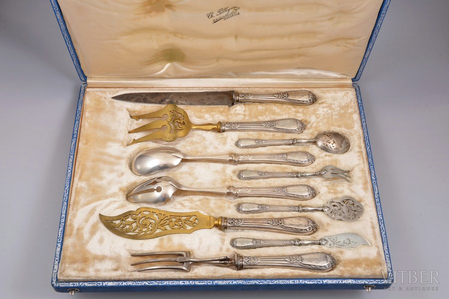 flatware set of 10 items, silver/metal, 950, 800 standart, France, 16.2 - 31.5 cm, in a box