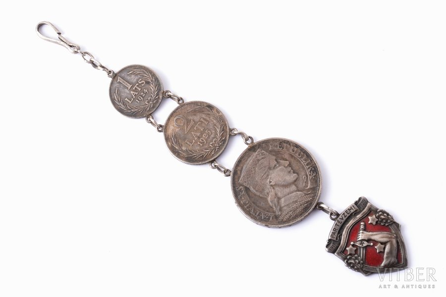 pulksteņa ķēde, izgatavots no latu monētām un Latvijas atbrīvošanas kara piemiņas (1918-1920) medaļas, Latvija, 20.gs. 20-30ie gadi, kopējais garums 18.2 cm