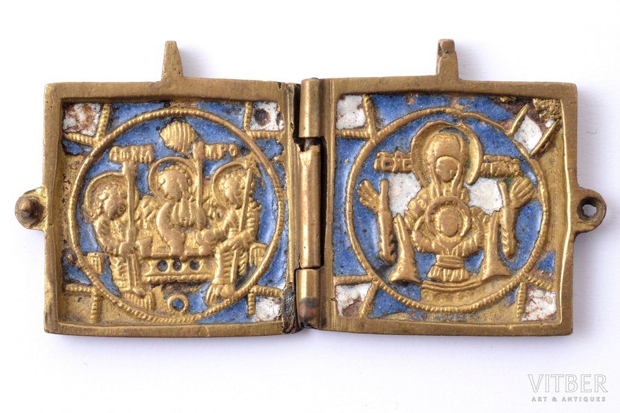 icon with foldable side flaps, (small size), copper alloy, 2-color enamel, Russia, the 19th cent., 3.6 x 7 cm, 39.80 g.