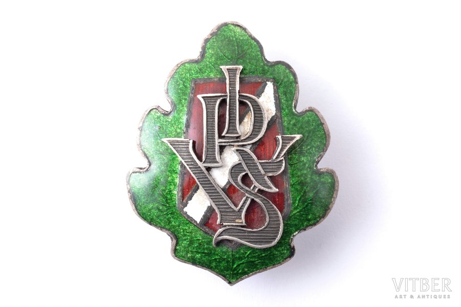 school badge, IRVS, Latvia, 1923, 35.1 x 28 mm, "S. Bercs" firm, chip on the surface of green enamel