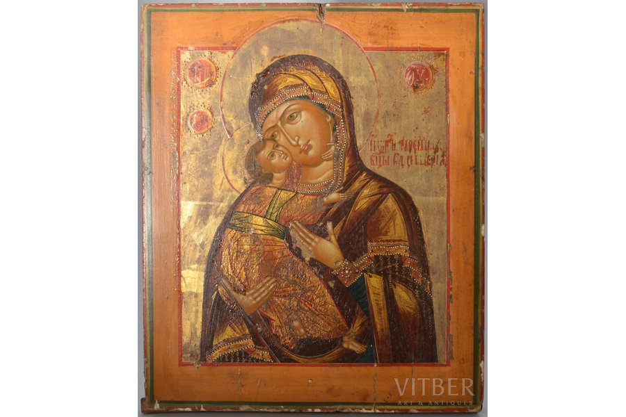 icon, Our Lady of Vladimir, painted on gold, board, painting, Russia, 31.1 x 25.4 x 2.8 cm