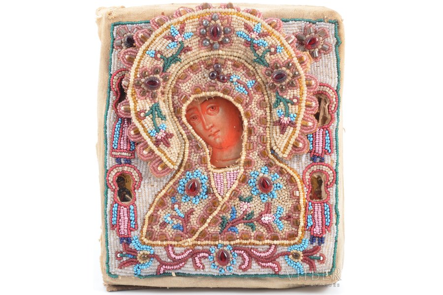 icon, Theotokos Fire Appearing, beadwork, Vetka icon painting, board, painting, guilding, Russia, the border of the 18th and the 19th centuries, 17.6 x 15.2 x 2.6 cm, oklad approx. mid- to 2nd half of 19th century