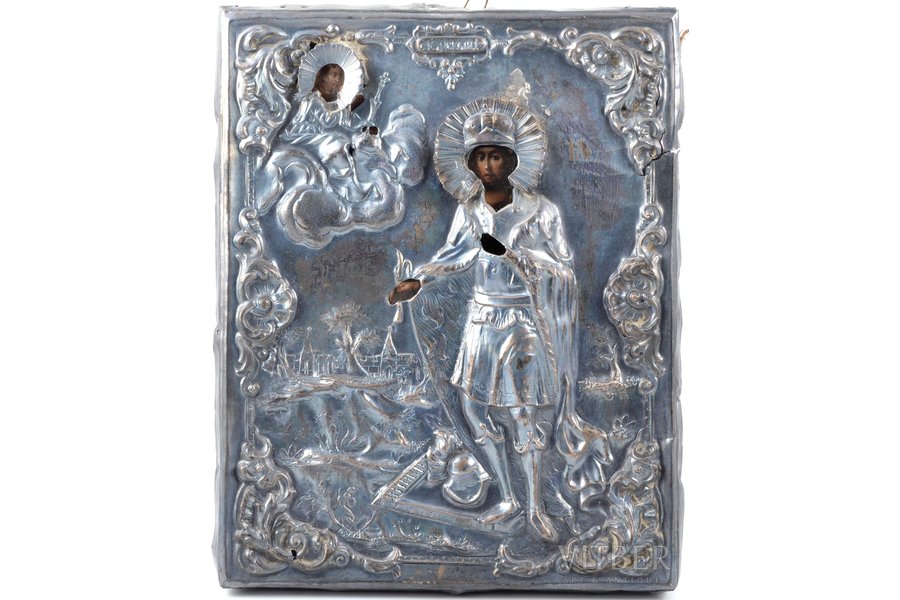 ikona, Svētais Aleksandrs Ņevskis, dēlis, sudrabs, gleznojums, 84 prove, Krievijas impērija, 1851 g., 22.2 x 17.5 x 2.2 cm, sudraba uzlikas svars 135.15 g, trūkst stari uz vainagiem