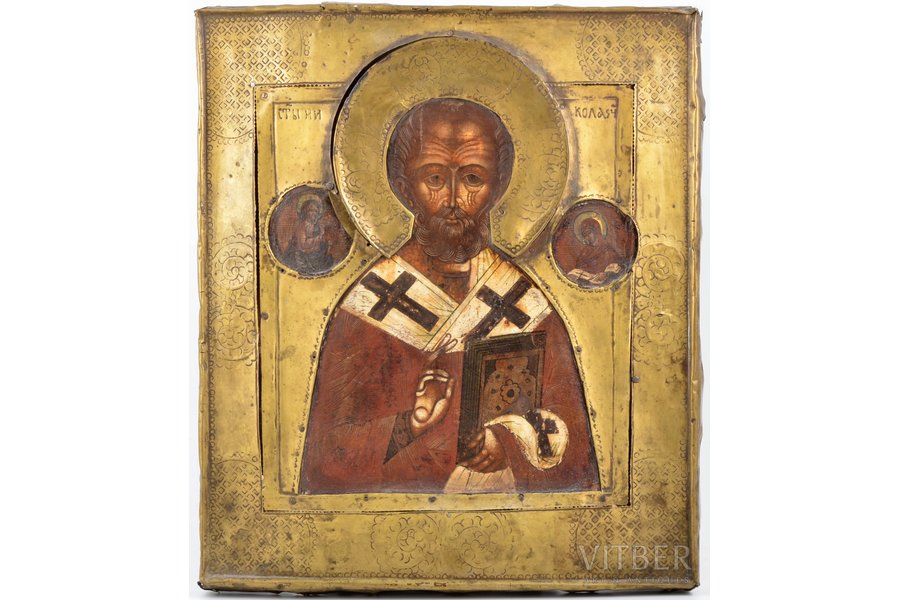 ikona, Svētais Nikolajs Brīnumdarītājs, dēlis, gleznojums, misiņš, Krievijas impērija, 30.8 x 26.6 x 2.8 cm