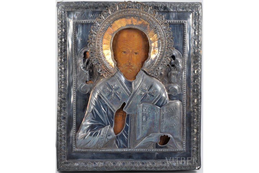 icon, Saint Nicholas the Miracle-Worker, board, silver, painting, guilding, 84 standard, Russia, 1808, 30.4 x 26 x 3.2 cm, oklad weight 527.50 g, silver wreath without hallmarks