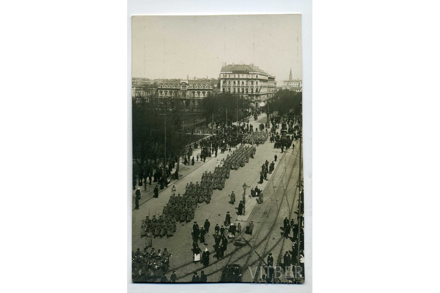 фотография, Рига, военный парад на Александровском бульваре, Российская империя, начало 20-го века, 13,4x8,4 см