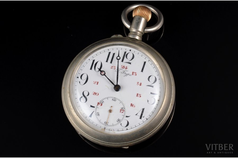 pocket watch, "Павелъ Буре (Pavel Buhre)", Russia, metal, 139.55 g, 7.6 x 5.75 cm, Ø 57.5 mm, spring replacement required