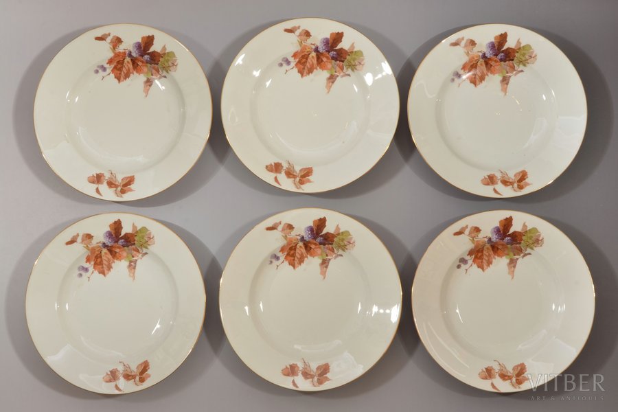 комплектиз 6 тарелок, фарфор, Лангебраун, Эстония, 30-е годы 20го века, Ø 24.9 см