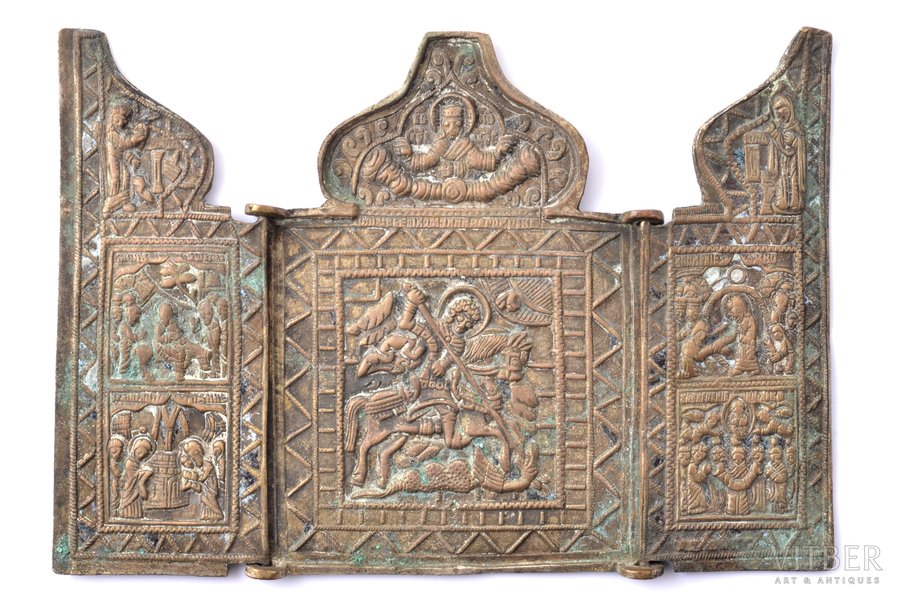 icon with foldable side flaps, Holy Great Martyr George, the Miracle of St George and the Dragon, copper alloy, casting, Russia, 10.8 x 15.5 x 0.2 cm, 138 g., missing enamel