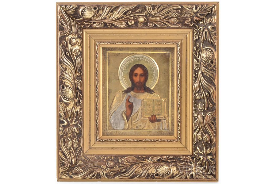 icon, Jesus Christ Pantocrator, board, silver, painting, guilding, 84 standart, factory of Emelyan Alekseevich Kuznetsov(?), Russia, 1908-1917, 13.3 x 11.2 x 2.1 cm (icon size is specified without frame)