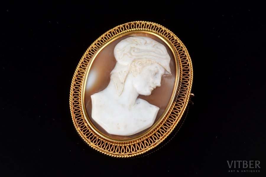 a brooch, cameo, gold, 585 standard, 15.49 g., the item's dimensions 5.3 x 4.3 cm