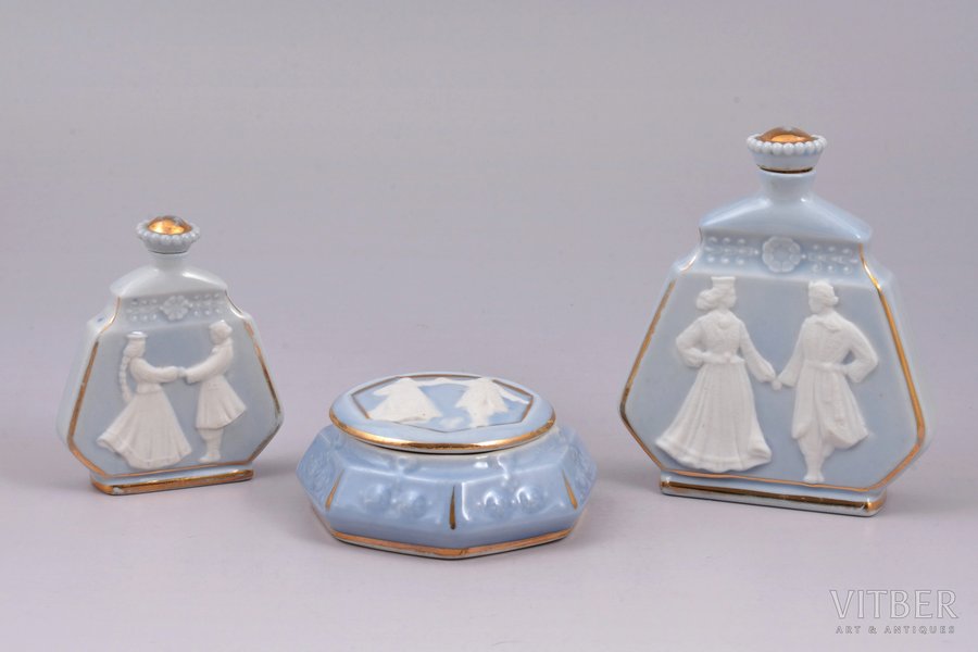 perfume set, 3 items, porcelain, Rīga porcelain factory, shape by Zina Ulste, Riga (Latvia), 1956-1970, h (perfume bottles) 9.5 / 7.1 cm, case Ø 7.7 cm, third grade