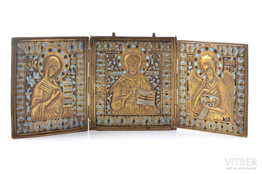 icon with foldable side flaps, Deesis: Jesus Christ, Holy Virgin Mary and St. John the Baptist, copper alloy, 2-color enamel, Russia, 17.4 x 44.7 x 0.6 cm, 1522.20 g.