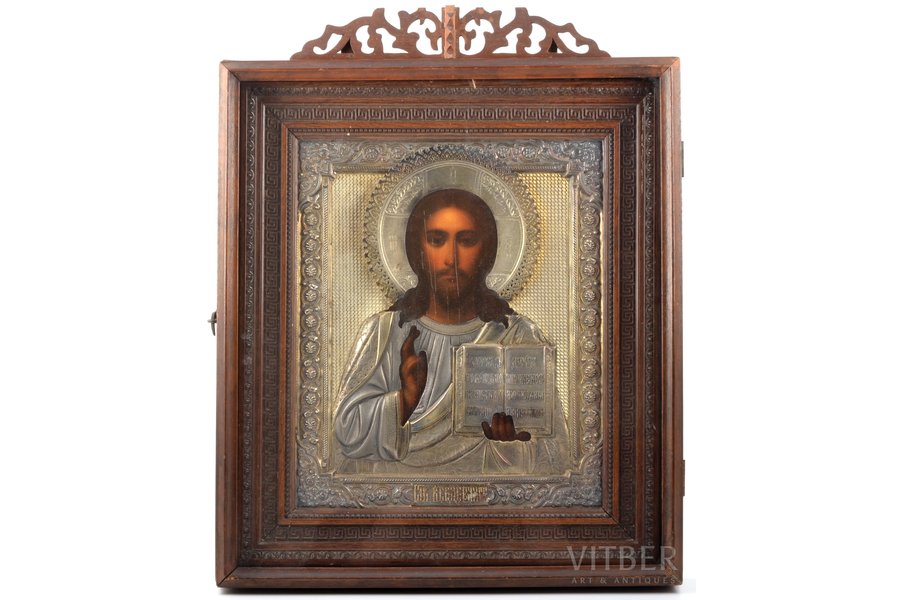 icon, Jesus Christ Pantocrator, in icon case, board, silver, painting, 84 standard, Russia, 1896-1907, 27 x 22.6 x 2.8 cm, icon case 40 x 32 x 7.6 cm