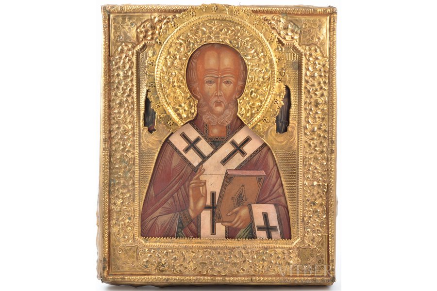 icon, Saint Nicholas the Miracle-Worker, board, painting, brass, Russia, 31.2 x 26.6 x 3 cm, re-painted to fit the oklad