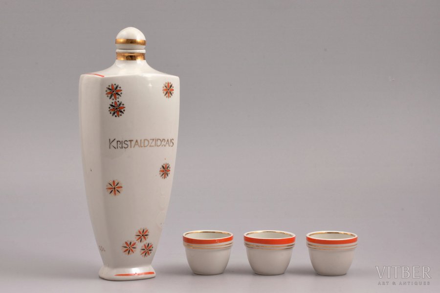 set, "Kristāldzidrais", carafe and 3 beakers, porcelain, Rīga porcelain factory, Riga (Latvia), USSR, height of carafe with stopper 22.5 cm