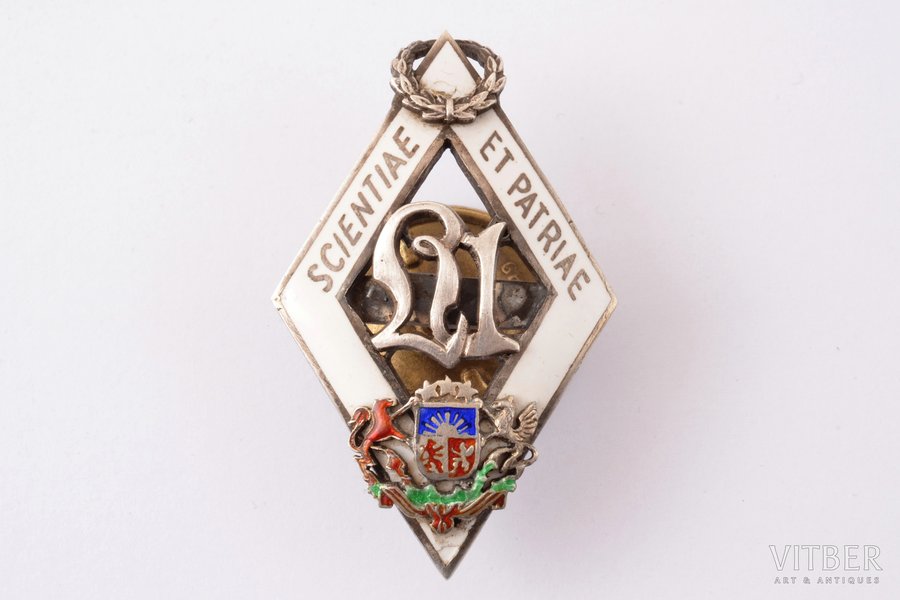 student's badge, University of Latvia, silver, enamel, Latvia, the 30ies of 20th cent., 44 x 27.5 mm