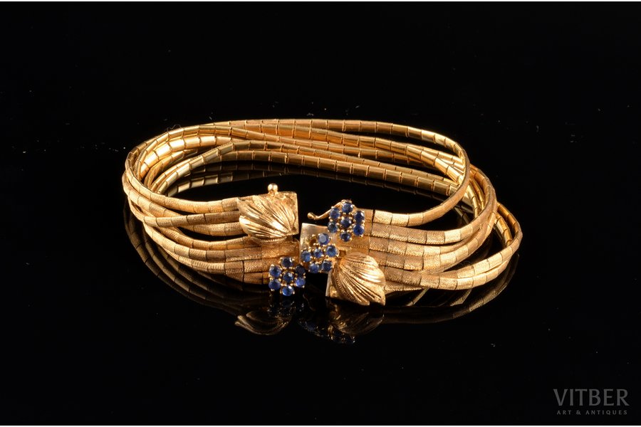 aproce, zelts, 750 prove, 52.97 g., Itālija, rokassprādzes garums 18.5 cm, trūkst 1 akmens, oriģinālajā kastē
