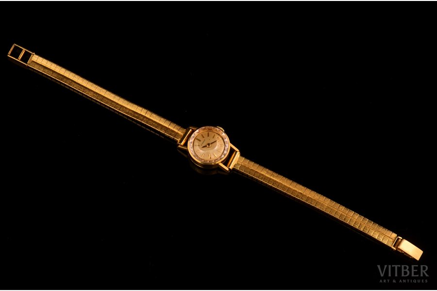 wristwatch, "Eterna", ladies', Switzerland, gold, 750, 18 K standart, 27.3 g, Ø 16 mm, length/bracelet width 19cm/6mm, in working codition, gold weight without mechanism 24.1 g, quartz movement
