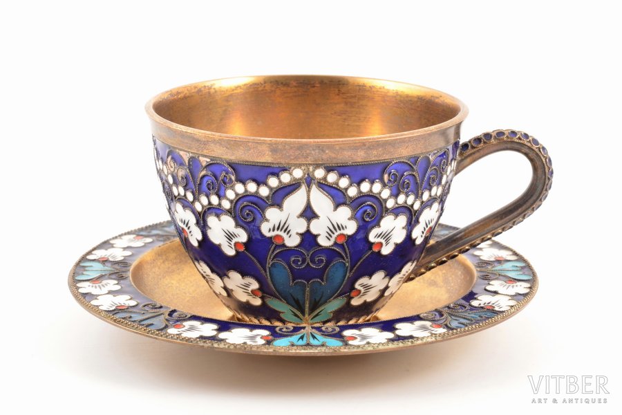 tea pair, silver, 925 standard, total weight of items 229.80, cloisonne enamel, gilding, h (cup) 5.2 cm, Ø (saucer) 10.9 cm, "Russkiye Samotsvety", 1983, Leningrad, USSR