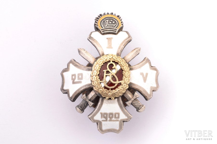badge, 1st graduation of the Military school, Latvia, 20ies of 20th cent., 51.2 x 40.6 mm, new screw, restorated enamel