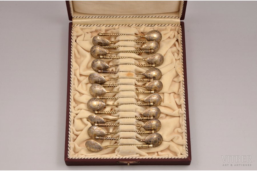 set of 18 coffee spoons, silver, 84 standard, total weight of items 230.40, engraving, gilding, 9.7 cm, Alexeyev Ivan, 1884, Moscow, Russia, in a box