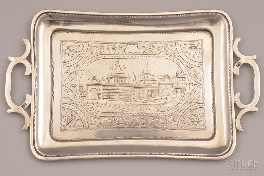 card tray, silver, 84 standard, 221.45 g, engraving, 22.4 x 13.5 cm, 1874, Moscow, Russia
