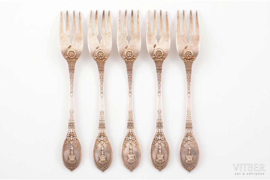 set of forks, silver, 5 pcs., 84 standard, total weight of items 220.20, 18.2 cm, Hempel brothers, 1908-1917, Warsaw, Russia, Congress Poland