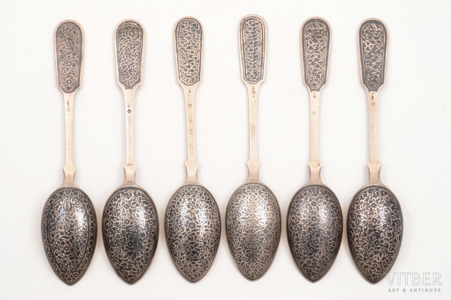 set of 6 soup spoons, silver, 875 standard, total weight of items 442.10, niello enamel, gilding, 20.2 cm, 1927-1954, Kostroma, USSR