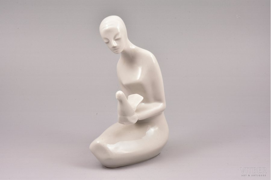 figurine, Girl with a Dove, porcelain, Riga (Latvia), sculpture's work, molder - Levon Agadzanjan, the 60ies of 20th cent., h 20 cm
