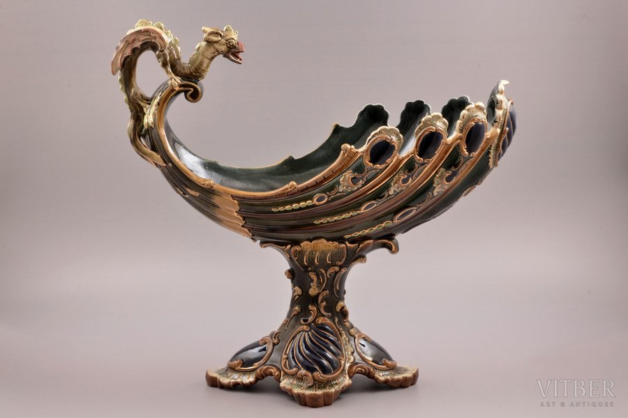 vase, "Dragon", majolica, Zelm & Boehm, Riga (Latvia), Russia, 1901, h 36.2 cm, missing fragment of dragon's nose, a chip on the wing, the tip of the wing is missing, the vase at the base of the dragon is glued, chips on the base