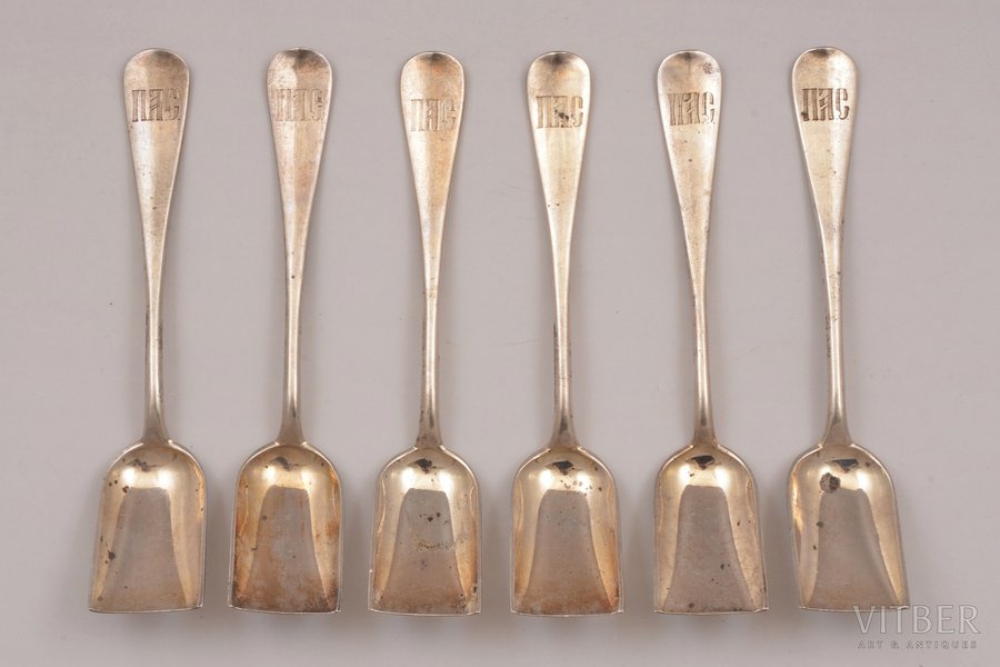 set of 6 dessert spoons, silver, 84 standard, total weight of items 198.70, 13.5 cm, Alexeyev Ivan, 1889, Moscow, Russia