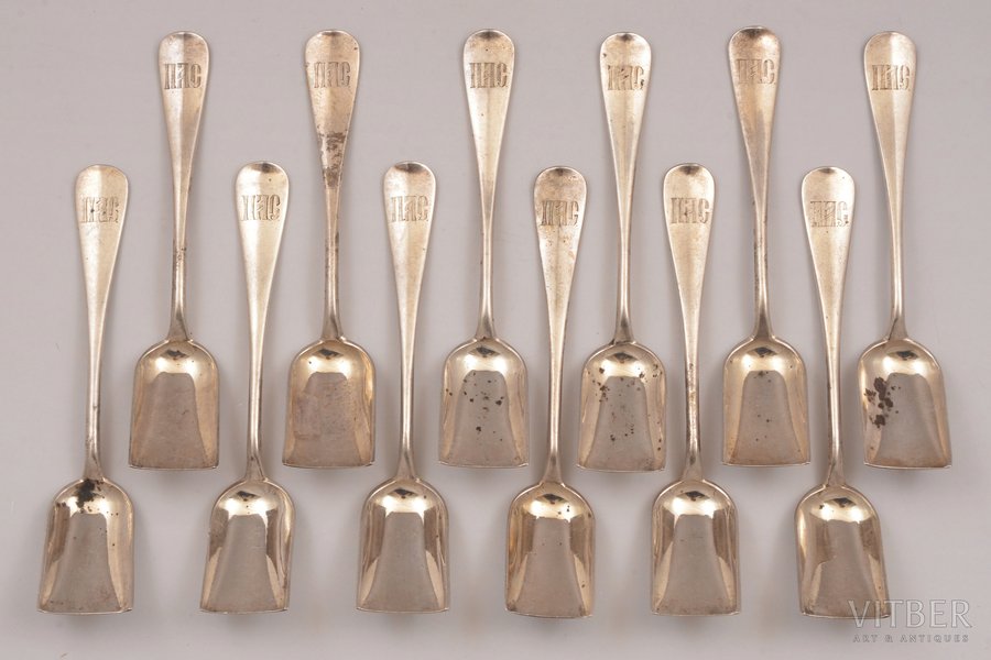 set of 12 dessert spoons, silver, 84 standard, total weight of items 395.50, 13.5 cm, Alexeyev Ivan, 1889, Moscow, Russia