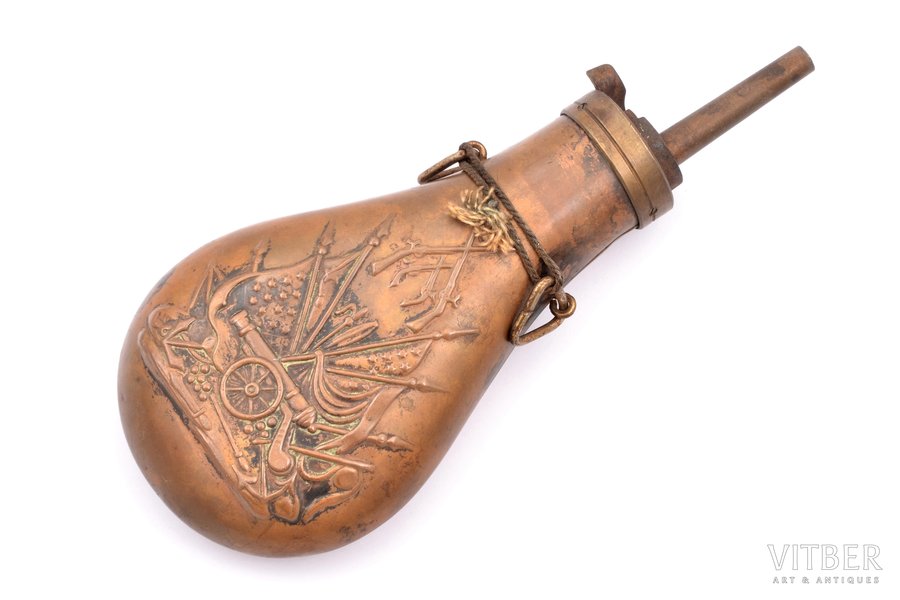 powder flask, 20 x 8.4 x 3.7 cm, brass, USA, the 2nd half of the 19th cent., Colt Navy type