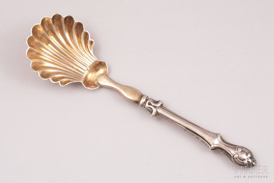 sugar spoon, silver, 84 ПТ, 875 standard, 14.45 g, 13.1 cm, import mark of Russia Empire, Riga