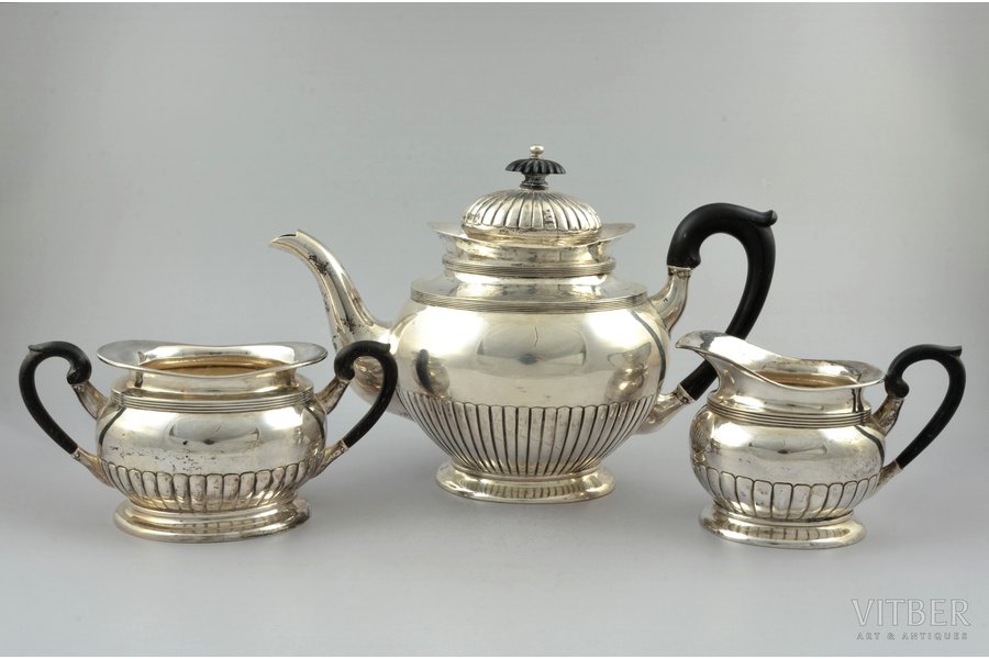 service, silver, 3 items: coffeepot, sugar-bowl, cream jug, 826 standard, 1184.95 g, (coffeepot) 697.30 g + (sugar-bowl) 269.85 g + (cream jug) 217.80, wooden handles, 19.5 / 10 / 9.2 cm, the 30ties of 20th cent., Denmark